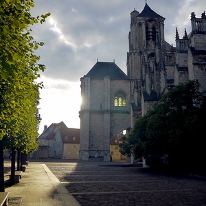 Cathédrale et rangée d'arbre et soleil caché - France  - collection de photos clin d'oeil, catégorie paysages